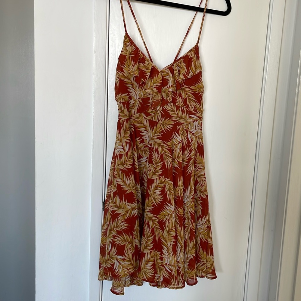 Summer dress burnt orange tropical leaf print